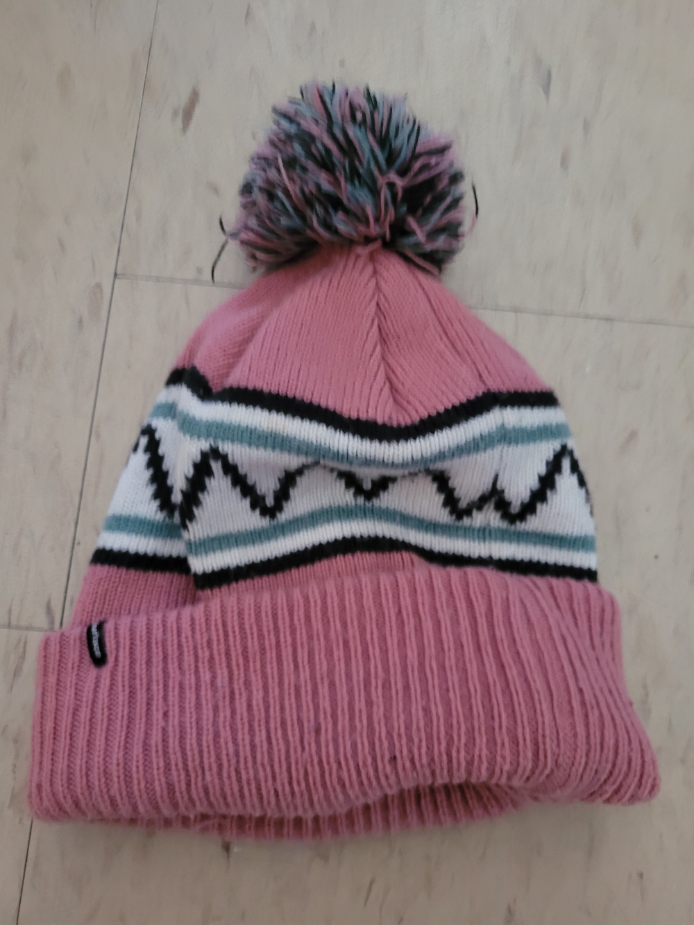 Kids Pink Pom-Pom Knit Beanie Hat with Pattern